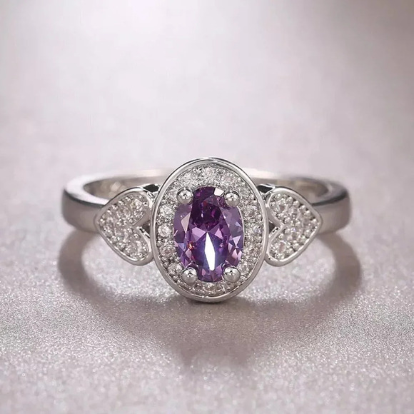925 Silver Plated Purple Oval Cut CZ Birthstone Ring, FB16FA1135 - Picture 6 of 11